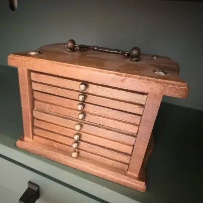 Vintage wood coaster set in caddy with metal handle