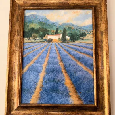 Provence lavender field painting, distressed gold frame