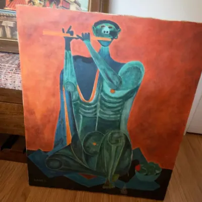 Modernist flute player painting on canvas, orange and teal
