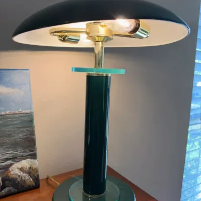 Vintage green mushroom table lamp, brass and glass accents