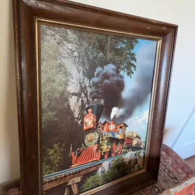 Framed steam locomotive train art, wood frame