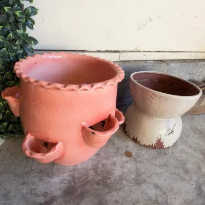 Glazed pottery strawberry planter and pedestal planter
