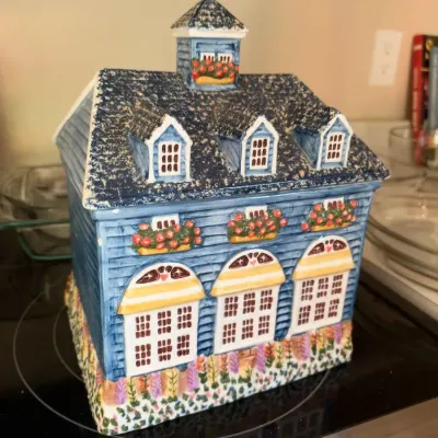 Ceramic Victorian house cookie jar, blue with flower boxes