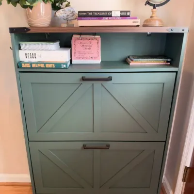 Sage green farmhouse shoe cabinet with flip-down drawers