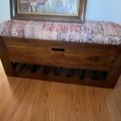 Wood storage bench with kilim style upholstered seat