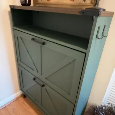 Green farmhouse shoe storage cabinet, barn door style