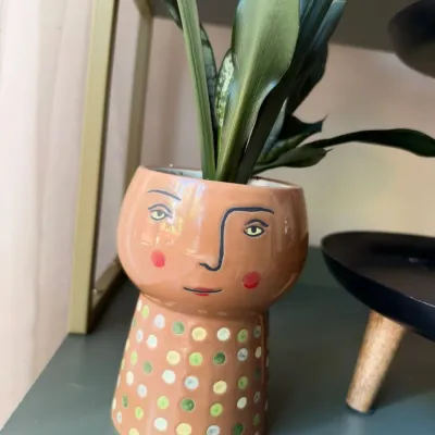 Hand-painted ceramic face planter with polka dots, snake plant