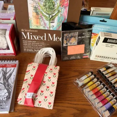 Art supplies, Strathmore mixed media pad, Liquitex paints, sketch pad, paint tubes