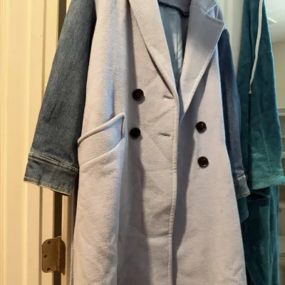 Light blue wool coat with denim sleeves, teal velour robe