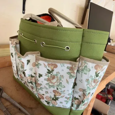 Floral garden tool tote bag with hand tools