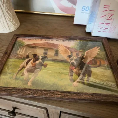 Framed dog art print, two dogs running with angel wings