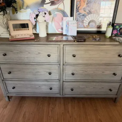 Weathered gray wood six-drawer dresser