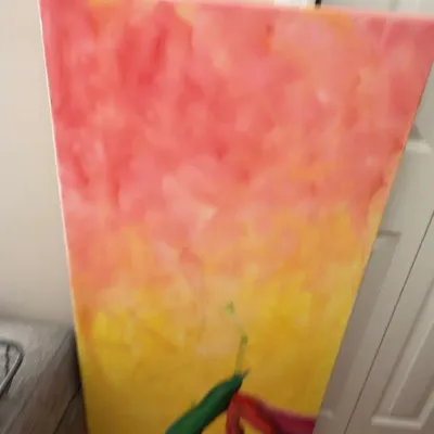 Abstract painting on canvas, pink and yellow
