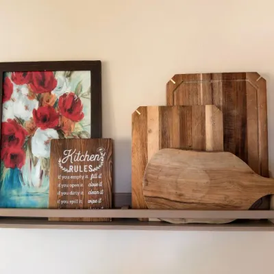 Wood cutting boards, farmhouse wall shelf, red floral art