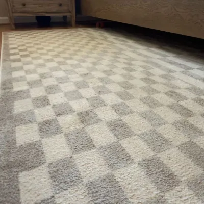 Checkered area rug, taupe and cream