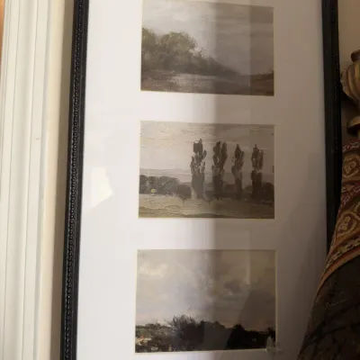 Framed triple landscape art prints, black beaded frame
