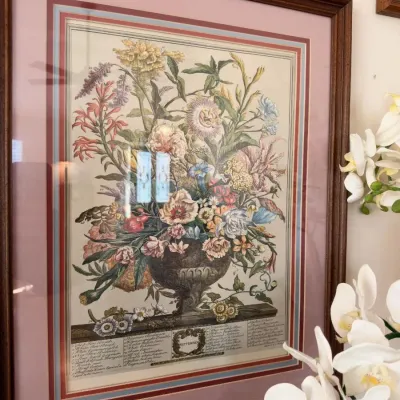 Framed botanical flower urn print, double matted
