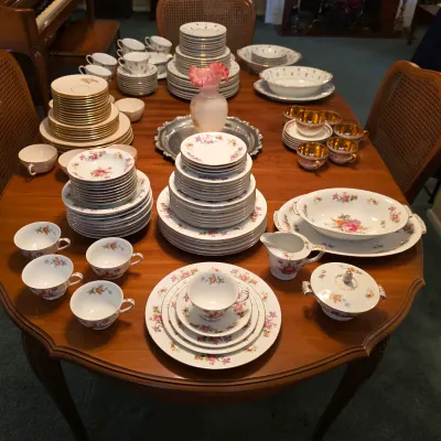 Harmony House Dresdania floral china, including dinnerware, cups, saucers, creamer and covered sugar bowl.