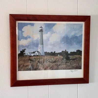 Signed Ray Ellis “Beach Path to Cape May” — framed coastal artwork featuring a beach path and lighthouse.