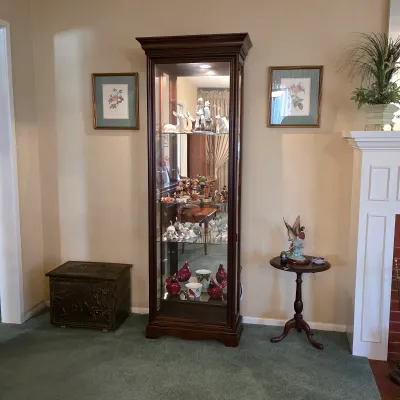 Glass-front curio cabinet displaying Lladró, Hummel and other porcelain figures and animal figurines.