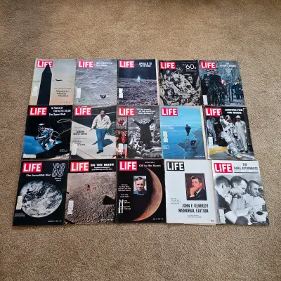 Vintage LIFE magazines covering historic events, space exploration, public figures and American culture.