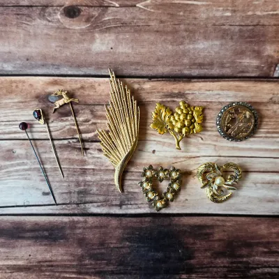 Vintage brooches and stickpins with floral, leaf and decorative designs.