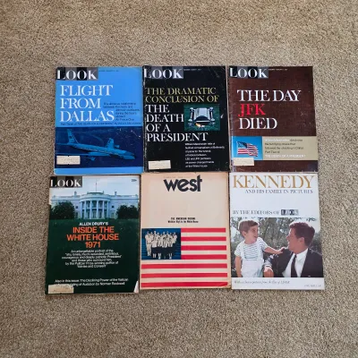 Vintage LOOK magazines and John F. Kennedy-related publications, including assassination coverage.