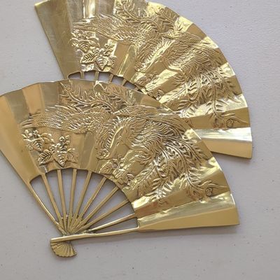 Pair of Vintage Solid Brass Oriental Style Hand Fan Phoenix Dragon Wall Decor