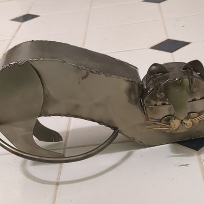 Mid-Century Modern Brutalist Metal Cat Sculpture