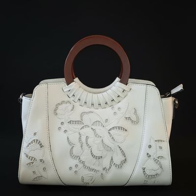 Patricia Nash White Floral Cutout Satchel with Wooden Handles