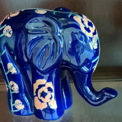 Vintage Fenton Cobalt Blue Hand Painted Elephant