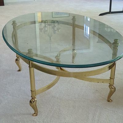 LaBarge Hollywood Regency Brass and Glass Oval Coffee Table