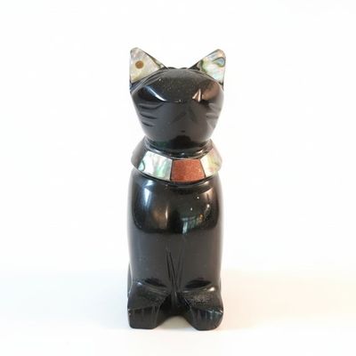 Vintage Mexican Onyx and Abalone Cat Figurines - Pair
