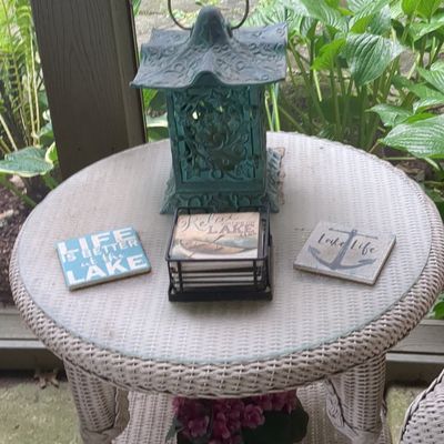 Pagoda Style Lantern with Lake-Themed Coasters