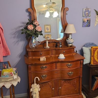 Victorian Tiger Oak Serpentine Dresser with Mirror