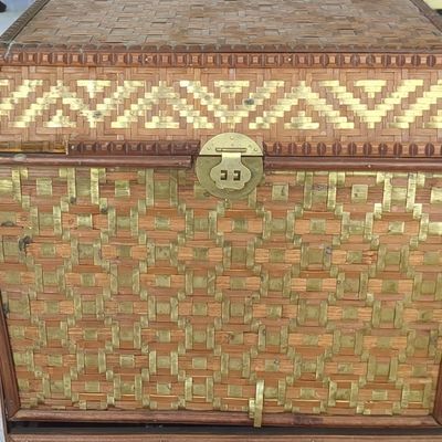 Vintage Woven Bamboo and Brass Trunk with Chinese Clasp