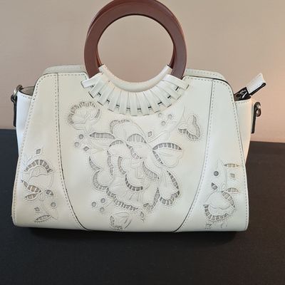 Patricia Nash White Floral Cutout Satchel with Wooden Handles