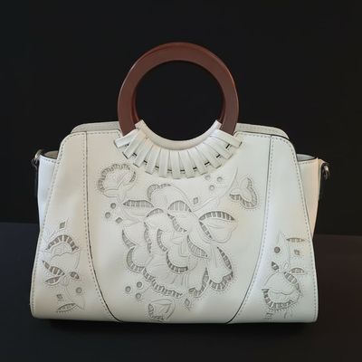 Patricia Nash White Floral Cutout Satchel with Wooden Handles