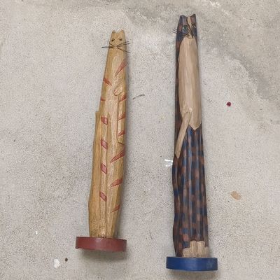 Hand-Carved Folk Art Tall Cat Figurines