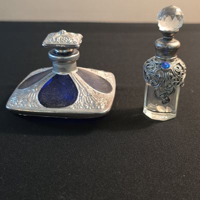 Vintage Cobalt Blue Glass Perfume Bottle with Silver Filigree Overlay