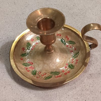 Vintage Brass Chamberstick Candle Holder with Holly Enamel - Made in India