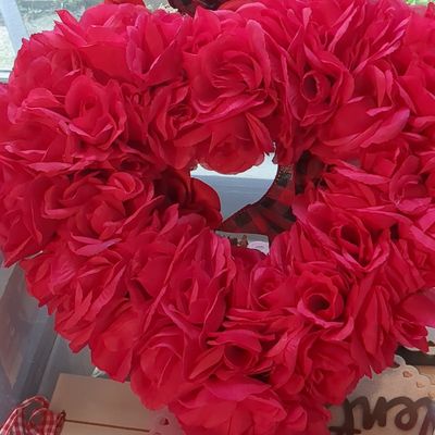 Artificial Red Rose Heart Wreath with Plaid Bow