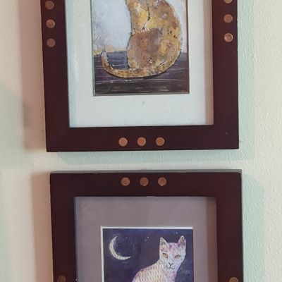 Pair of Decorative Cat Art Prints in Mission-Style Frames