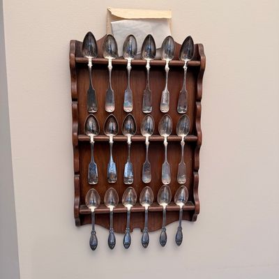 Vintage Silver Plated Souvenir Spoon Collection with Wooden Display Rack