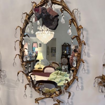 Vintage Italian Hollywood Regency Gilt Iron Floral Wall Sconce Oval Mirror