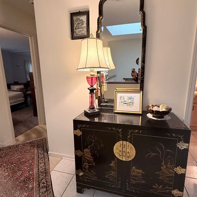 Vintage Red Lantern Black Lacquer Royal Ladies Accent Cabinet