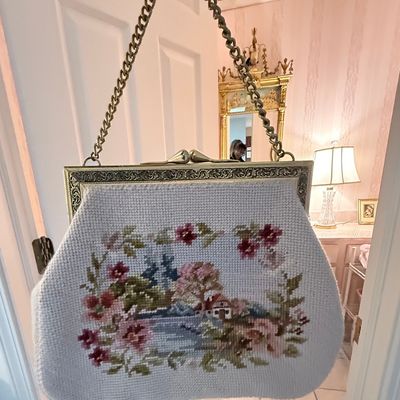 Vintage Petit Point Handbag with Pastoral Landscape