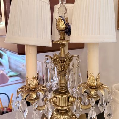 Vintage French Gilt Bronze and Crystal Candelabra Table Lamp