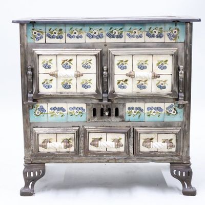Sale Photo Thumbnail #93: Antique French Majolica Tile Work Cast Iron Cooking Stove