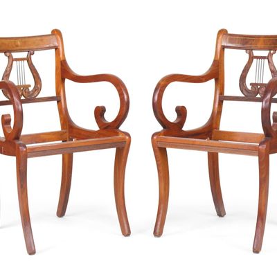 Sale Photo Thumbnail #84: Pair of Duncan Phyfe Style Brass-Inlaid Walnut Armchairs